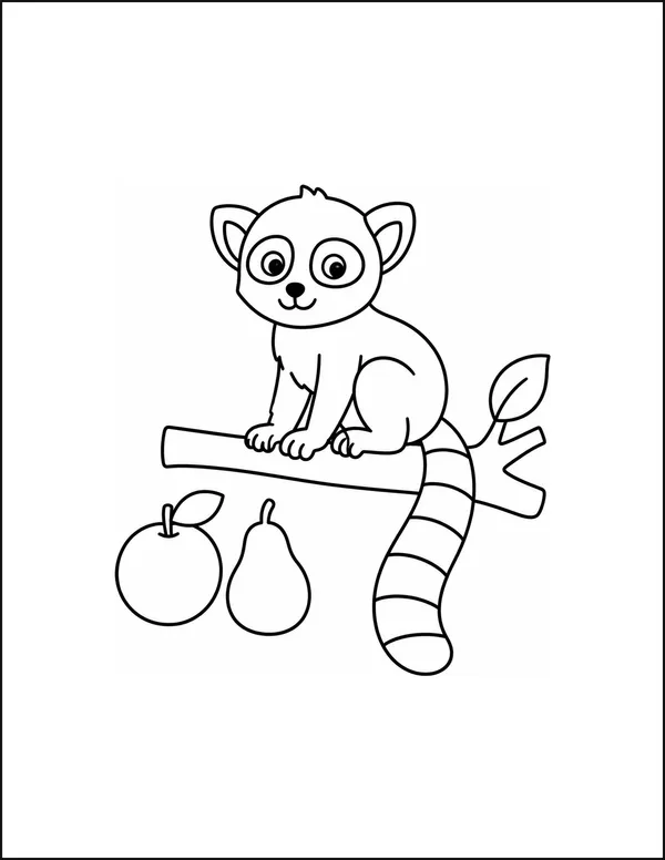 A lemur sitting on a branch with five wide stripes on its tail.