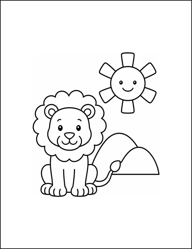 A lion standing beneath a sun with six broad rays and two hills.