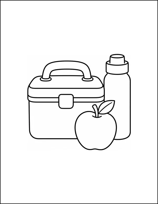A lunchbox with a wide handle beside an apple and a bottle.