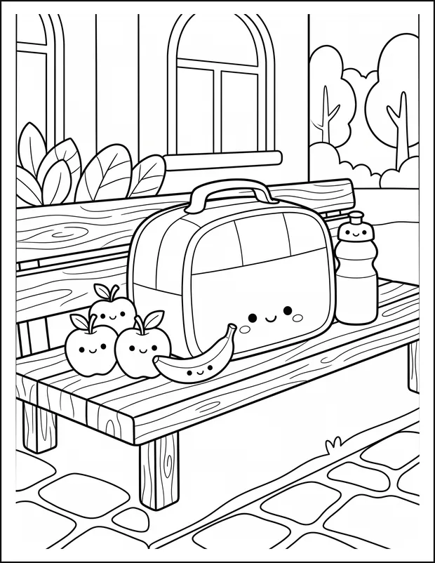 An open lunchbox on a school bench with fruit and a bottle.