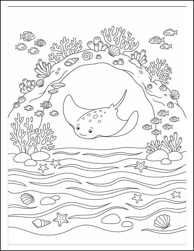 A manta ray gliding under a coral arch with small fish nearby.