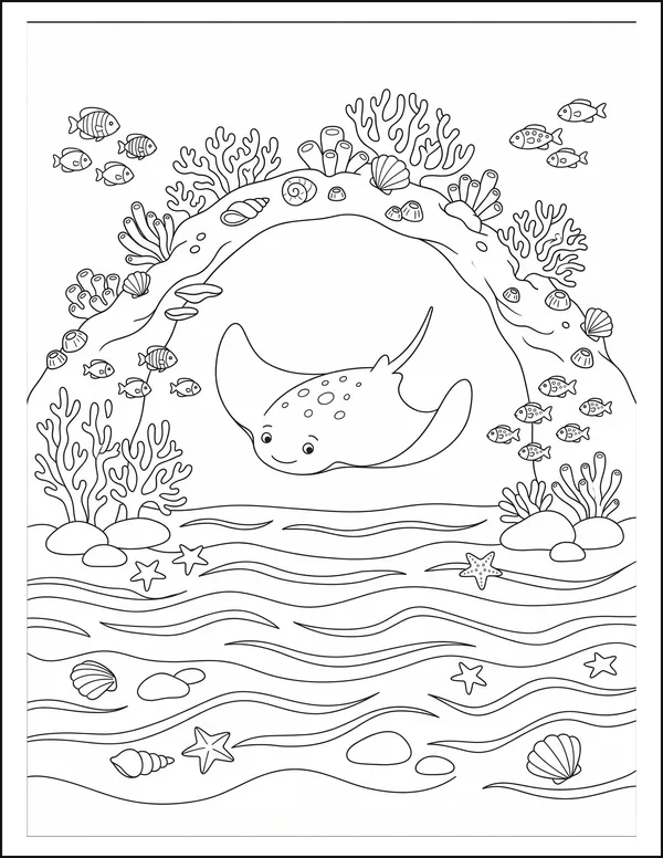 A manta ray gliding under a coral arch with small fish nearby.