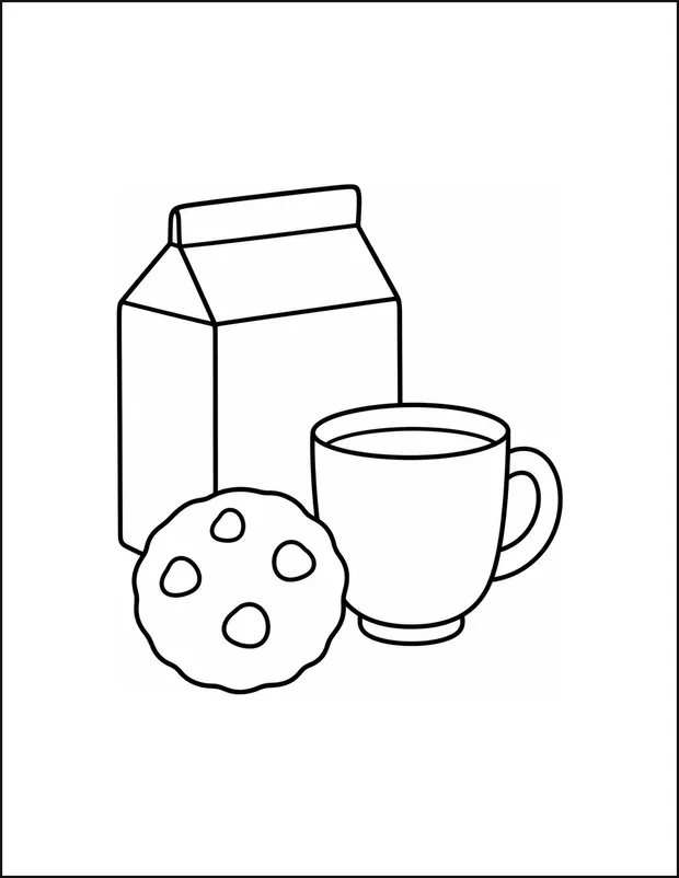 A milk carton beside a round cookie and a short cup.