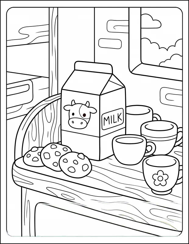A milk carton on a kitchen shelf beside cookies and cups.