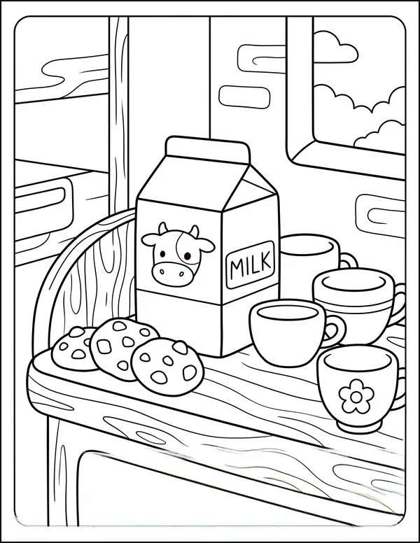 A milk carton on a kitchen shelf beside cookies and cups.