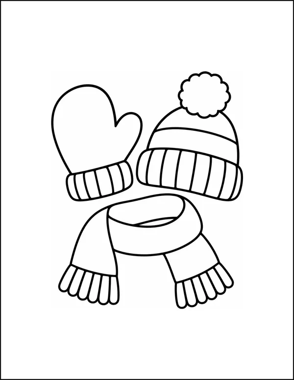 One mitten with a rounded thumb beside a woolly hat and a scarf.