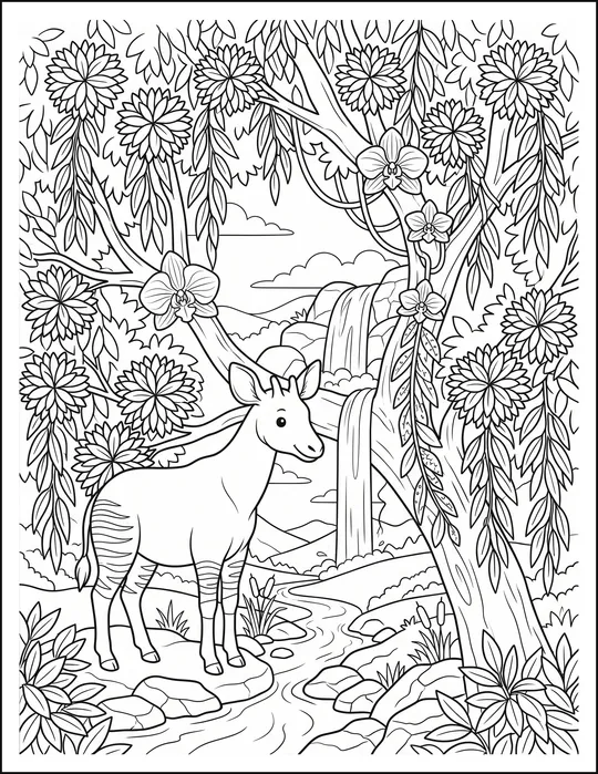 An okapi standing beside a forest waterfall among hanging vines.
