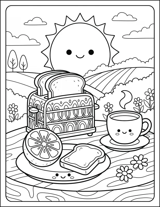 A halved orange on a breakfast table beside toast and a cup.