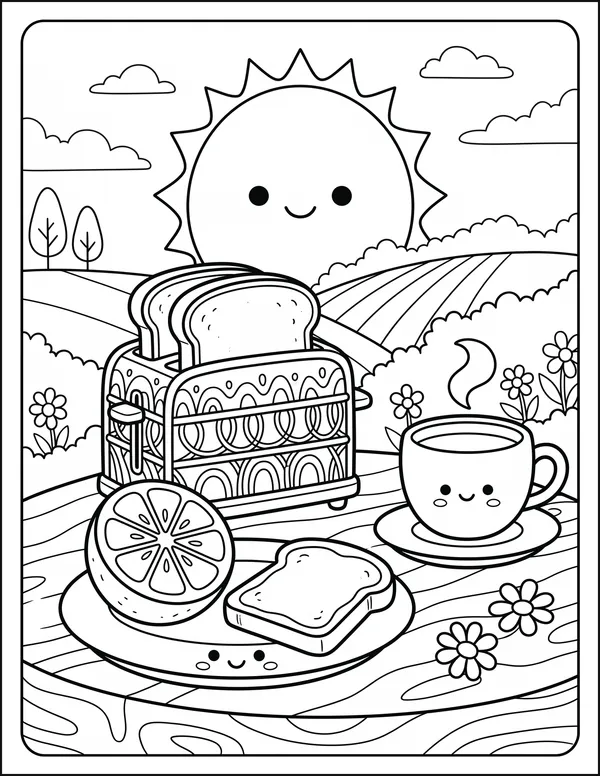 A halved orange on a breakfast table beside toast and a cup.