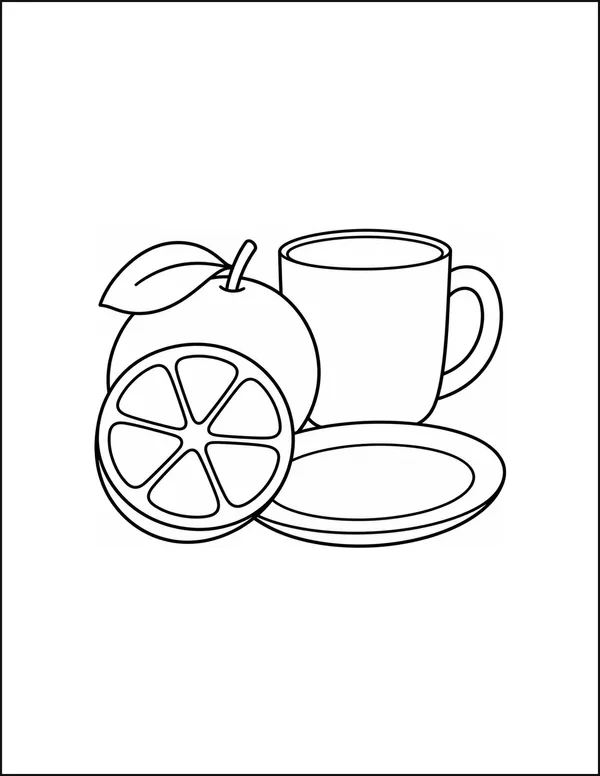 An orange cut in half showing six segments beside a cup.