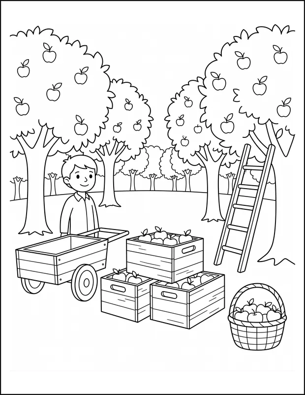 An orchard on harvest day with ladders, crates and a loaded cart.