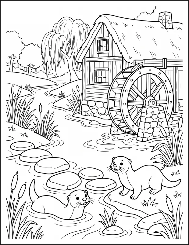 Otters swimming beside a river mill with a large water wheel.