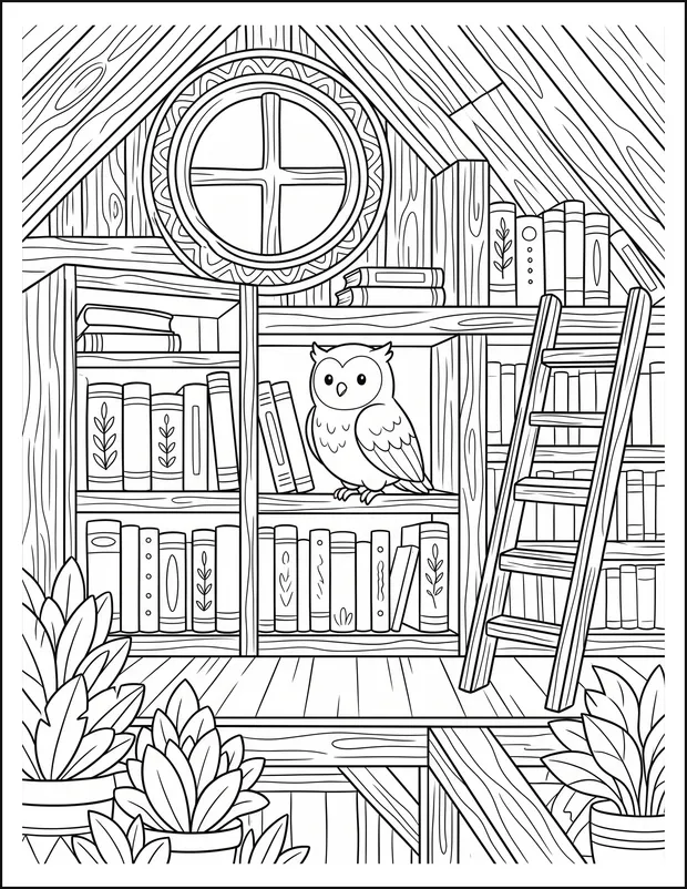 An owl perched in a library attic among shelves of books.