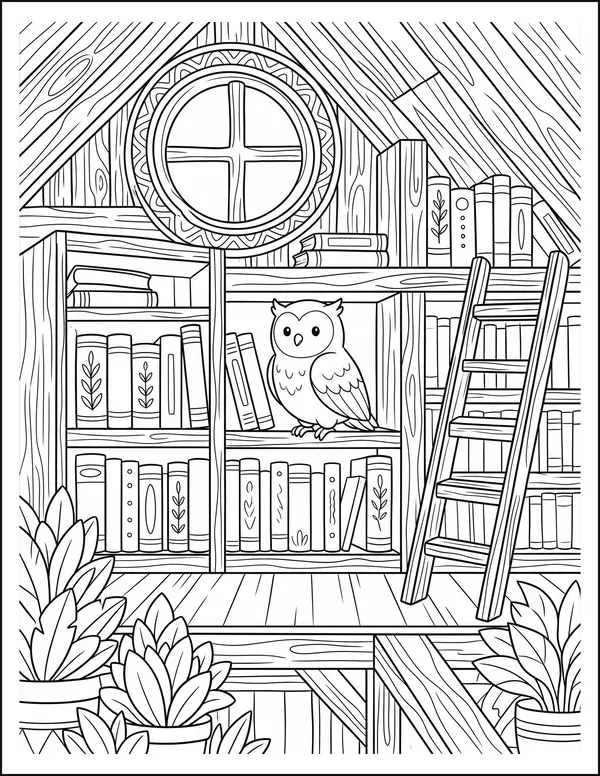An owl perched in a library attic among shelves of books.