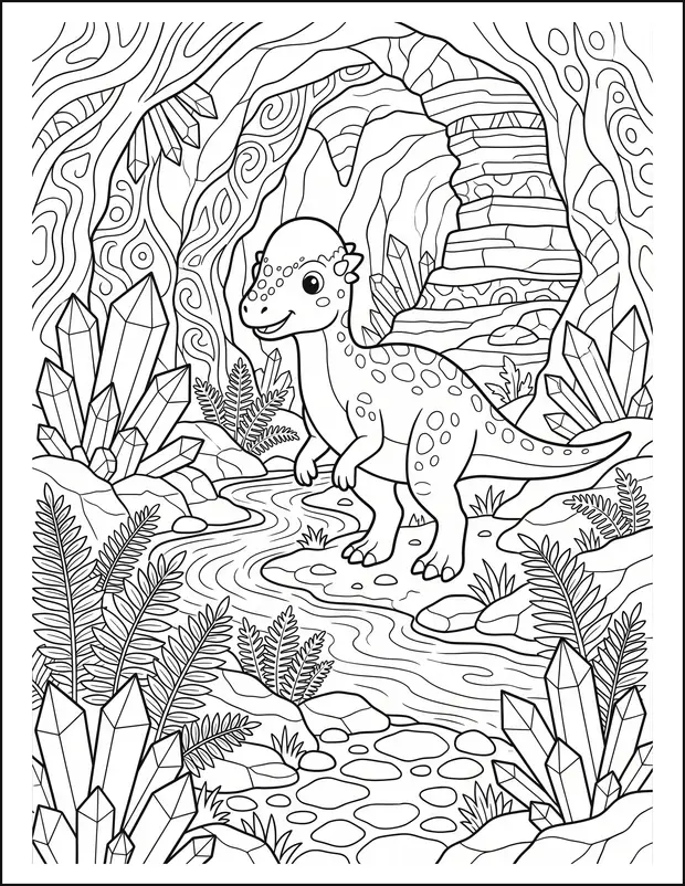 A dome-headed dinosaur inside a cave full of large crystals.