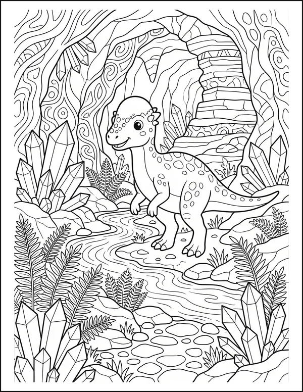 A dome-headed dinosaur inside a cave full of large crystals.