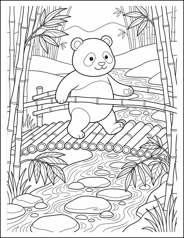 A panda crossing a bamboo bridge above a rocky stream.