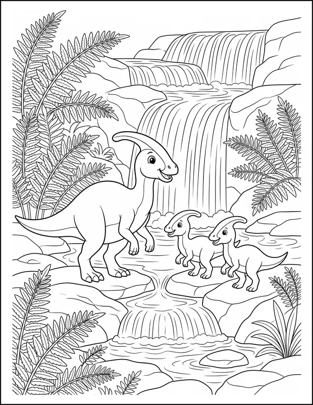 Two crested dinosaurs standing by a waterfall and rock pools.
