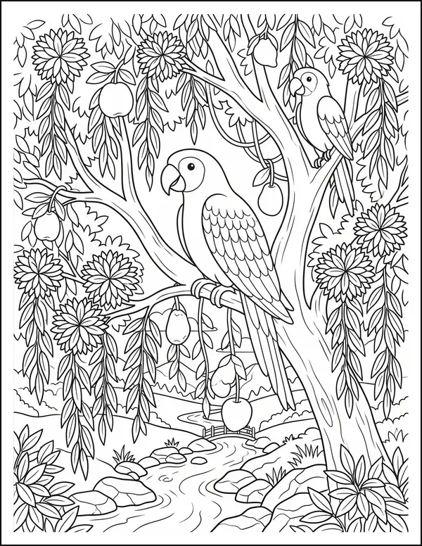 Parrots perched among jungle branches with hanging fruit.