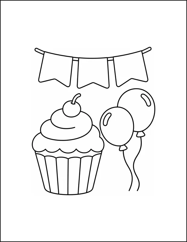 A cupcake and two balloons below a banner of three wide panels.
