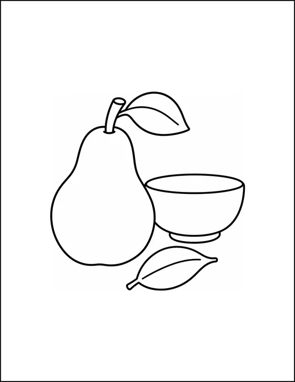 A pear sitting in a wide bowl with a leaf resting beside it.