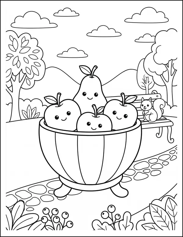 A pear and apples resting together in a striped fruit bowl.