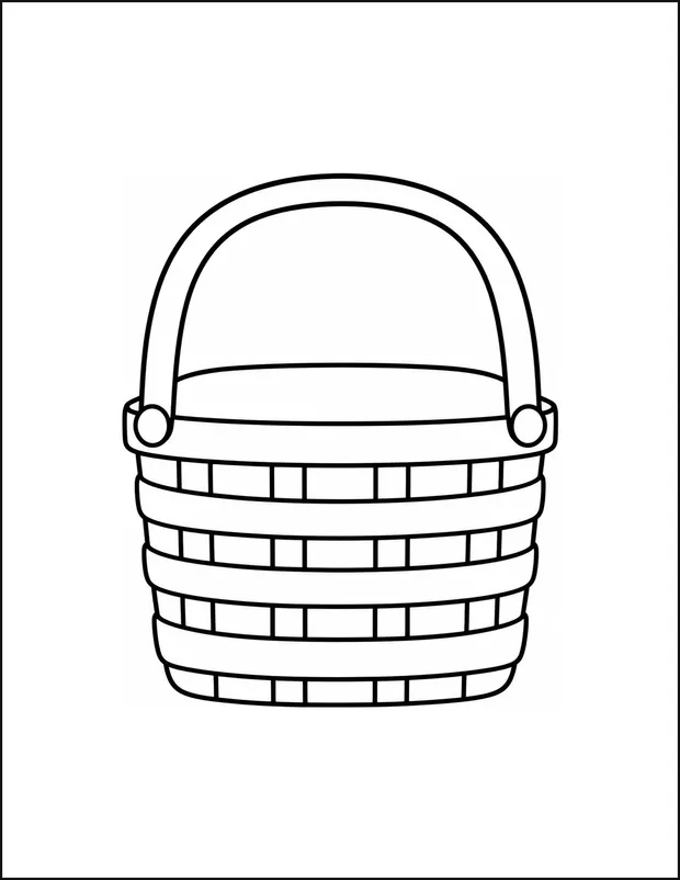 A picnic basket with four wide weave bands and a curved handle.