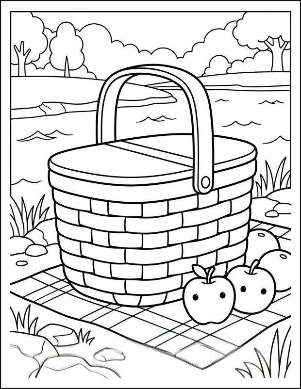A picnic basket and fruit on a blanket beside a river.