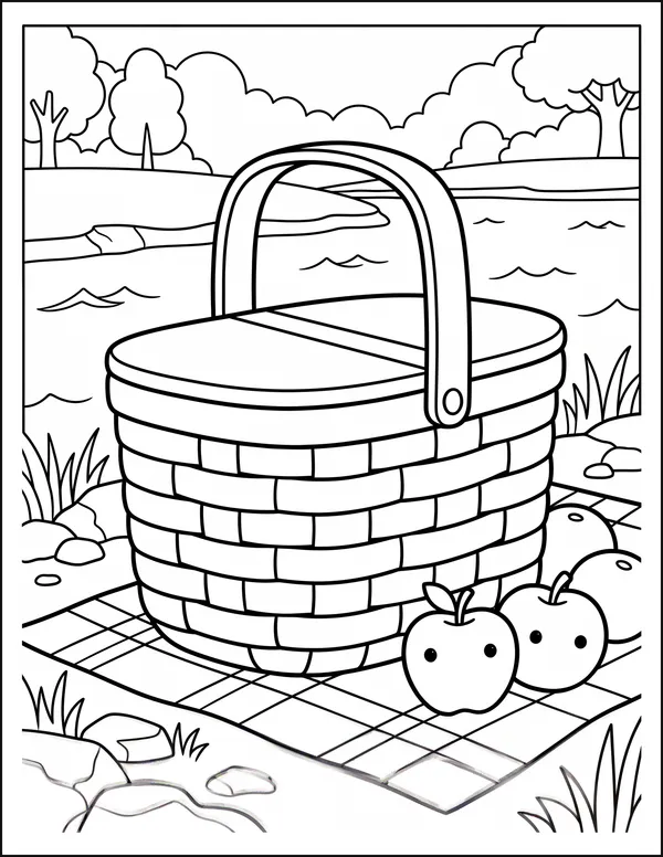 A picnic basket and fruit on a blanket beside a river.