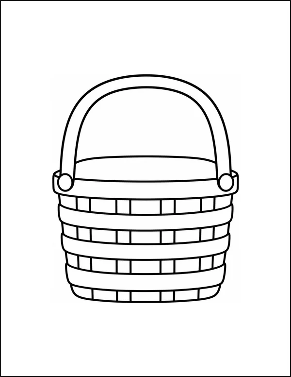 A picnic basket with four wide weave bands and a curved handle.