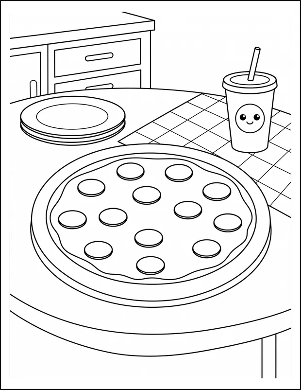 A whole pizza on a kitchen table with plates and a drink cup.