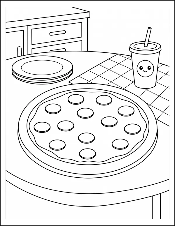 A whole pizza on a kitchen table with plates and a drink cup.