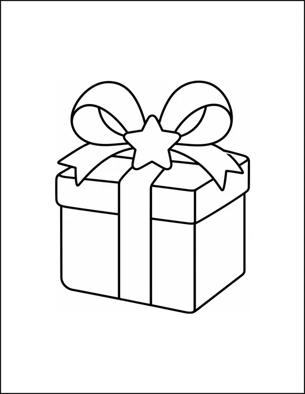 A wrapped present with four ribbon panels and a star on top.