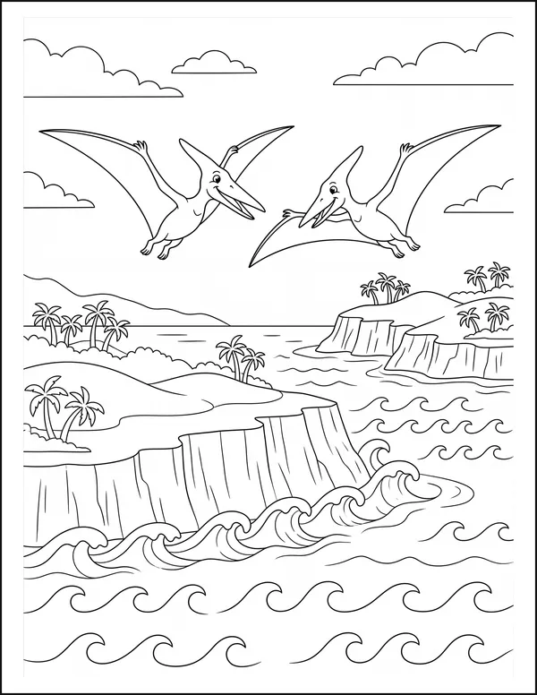Pteranodons flying above a chain of rocky islands and waves.