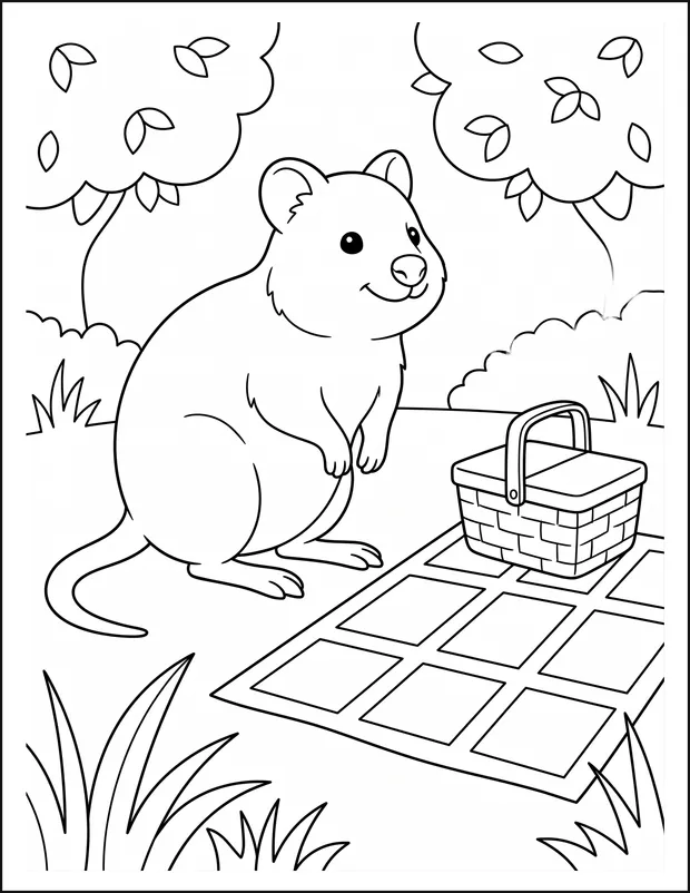 A smiling quokka sitting at the edge of a checked picnic blanket.