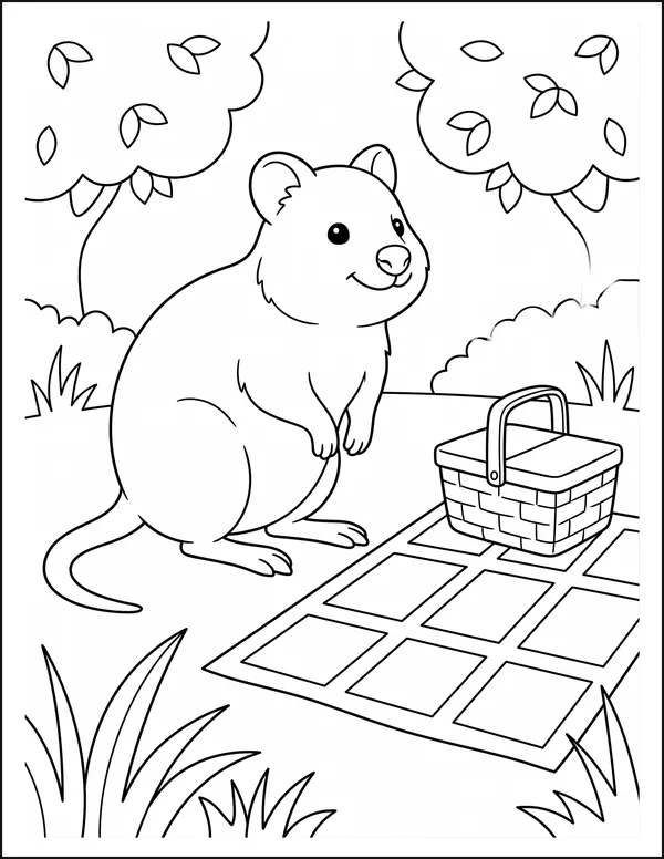 A smiling quokka sitting at the edge of a checked picnic blanket.