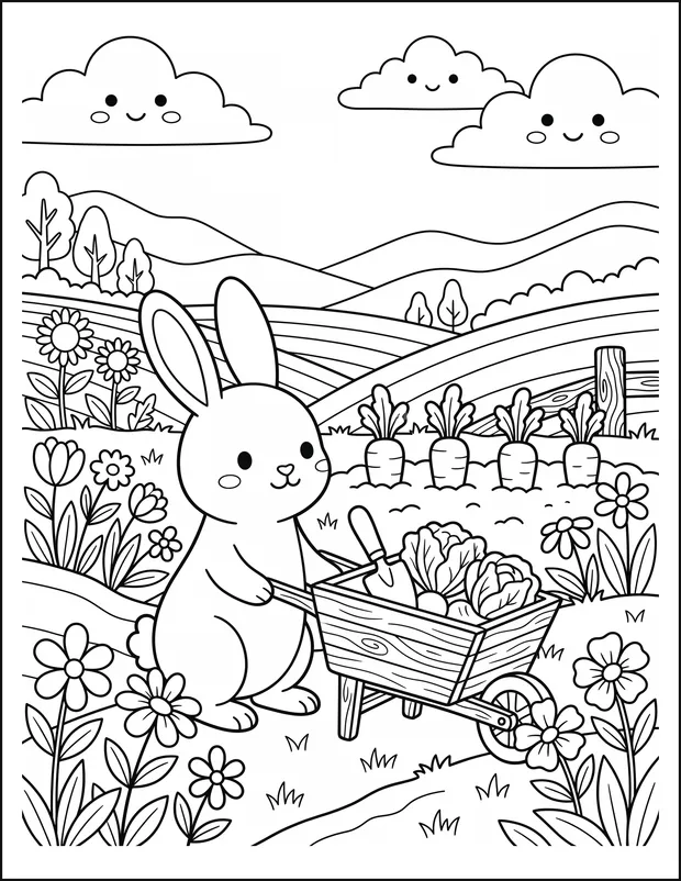 A rabbit sitting beside a wheelbarrow in a vegetable garden.