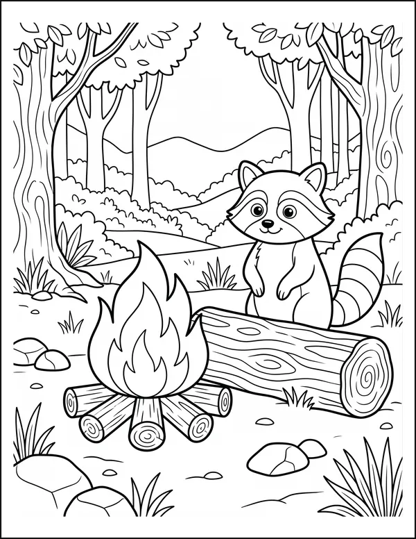 A raccoon sitting beside a campfire and a fallen log at night.