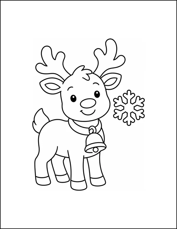A reindeer with broad antlers beside a bell and a snowflake.