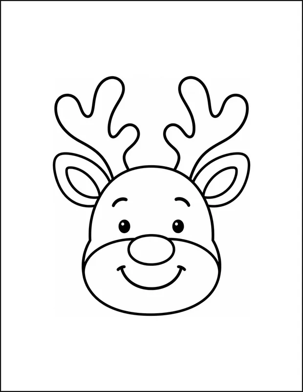 A friendly reindeer face with two broad antlers above it.