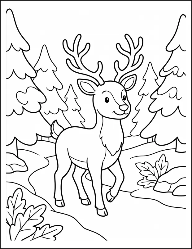 A reindeer standing on a snowy forest trail among tall pines.
