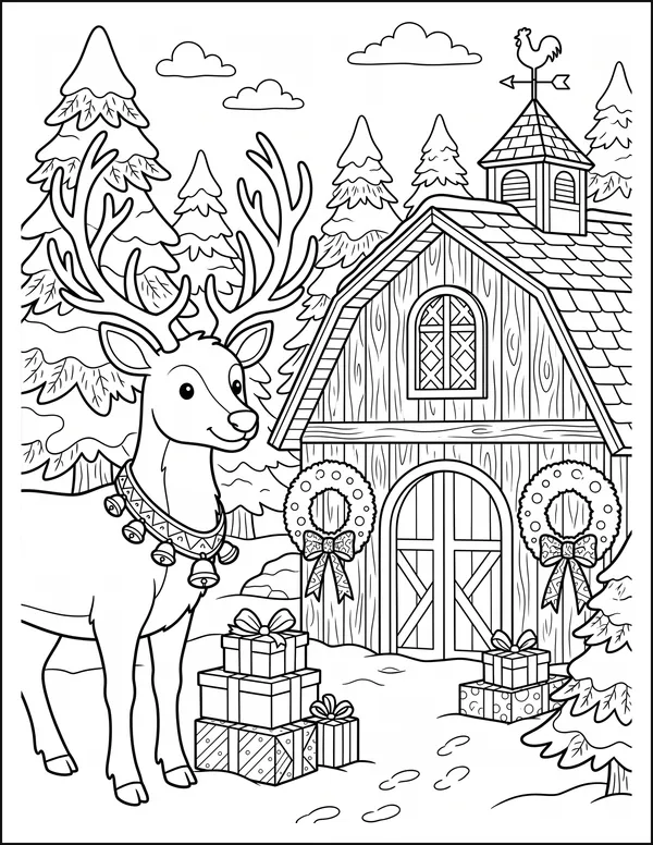 A reindeer standing beside a sleigh barn among snowy pines.