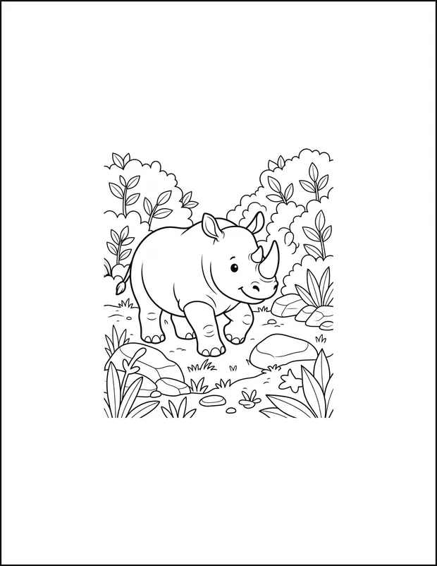 A rhino walking along a dusty trail between rocks and shrubs.
