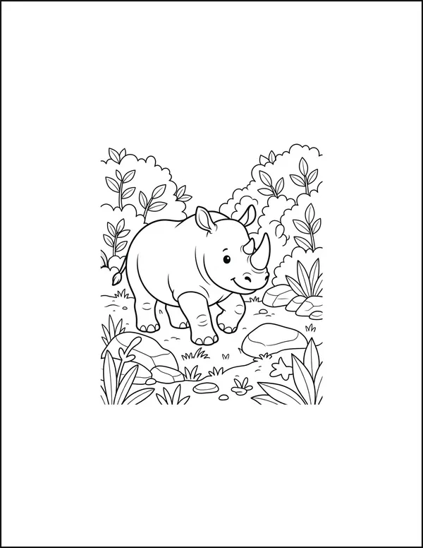 A rhino walking along a dusty trail between rocks and shrubs.