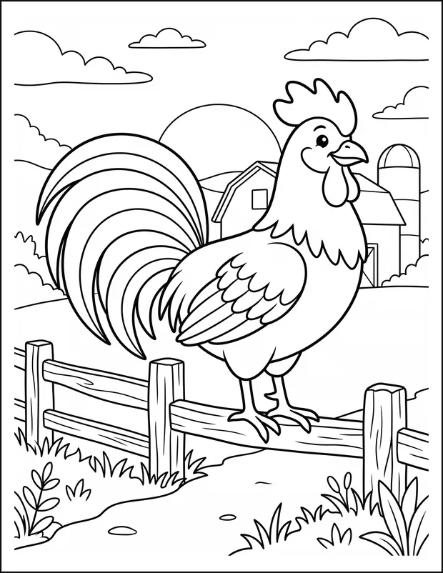 A rooster standing on a farm fence with the sun rising behind.