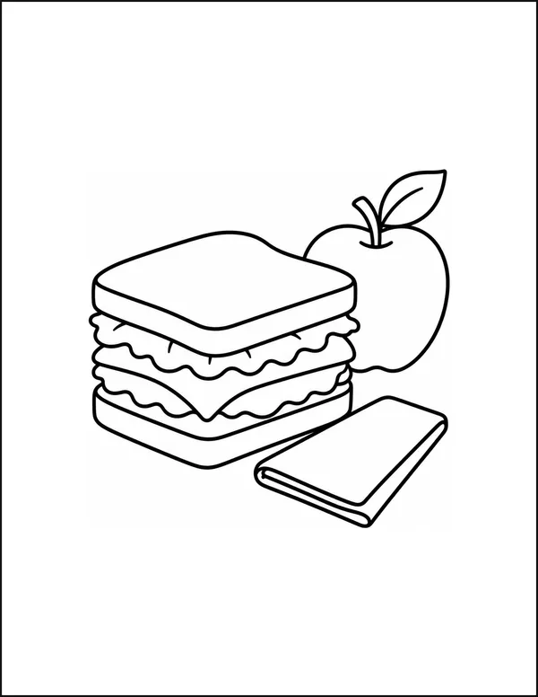 A sandwich showing three layers beside an apple and a napkin.
