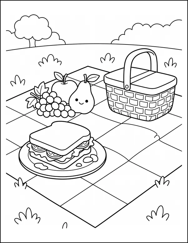 A cut sandwich and fruit laid out on a checked picnic blanket.