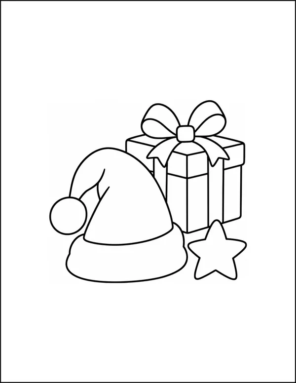 A Santa hat beside a wrapped gift and a single star.