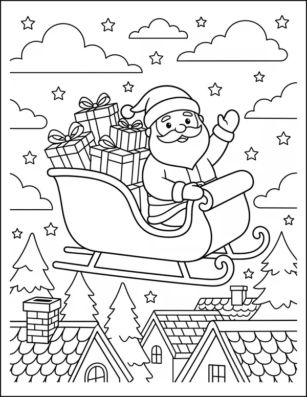 A sleigh loaded with gifts flying above snowy rooftops.