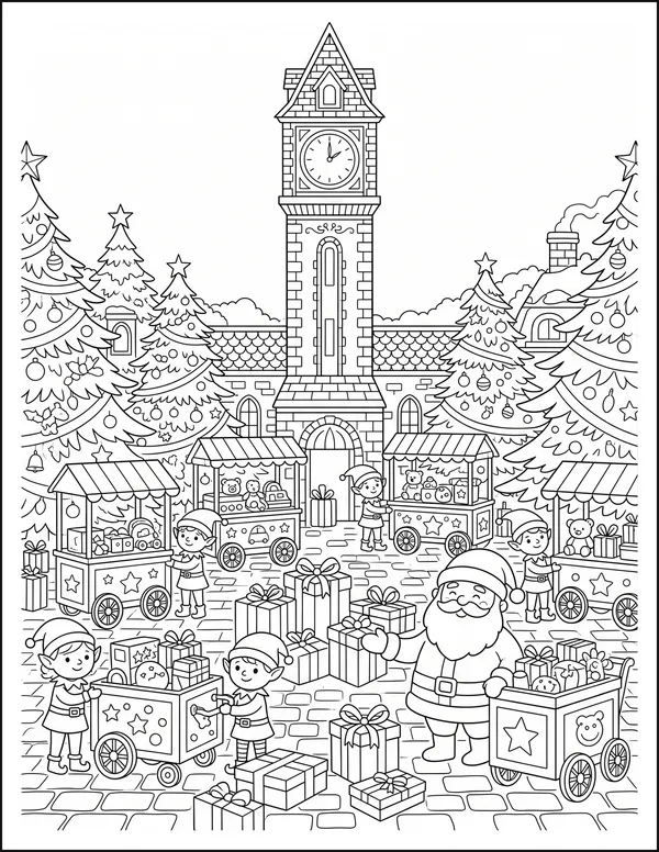 A workshop courtyard with toy carts and a tall clock tower.